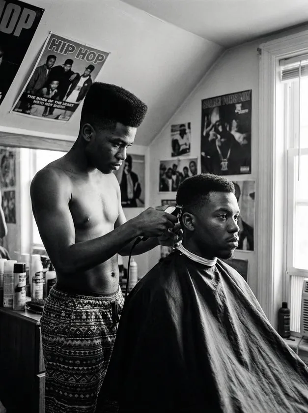 Barbero cortando cabello en estudio con pósters de hip hop