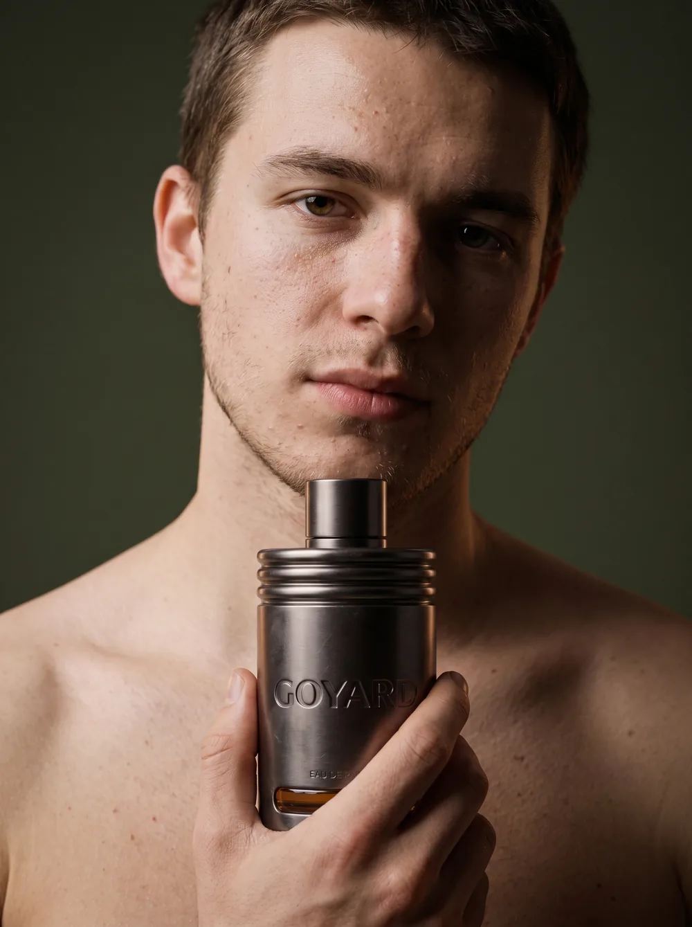 Retrato masculino sosteniendo un frasco de perfume